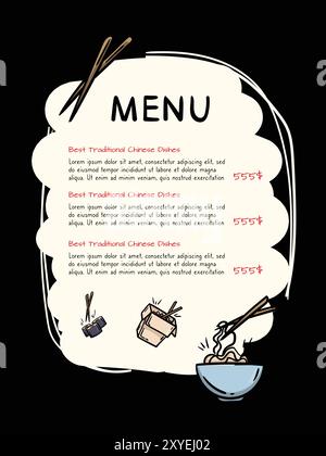 Modèle de menu noir simple dessiné à la main. Design pour un restaurant chinois. Illustration vectorielle de sushi, rouleaux, nouilles Illustration de Vecteur