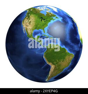 Vue du globe terrestre depuis l'espace montrant l'Amérique du Sud et l'Amérique du Nord. Isolé sur fond whiite Banque D'Images