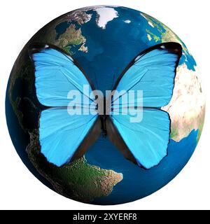 Papillon Morpho bleu assis sur le dessus du globe terrestre modèle 3D photo-illustration conceptuelle concept d'environnement et d'écologie isolé sur blanc Banque D'Images