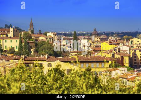 Vue aérienne de la ville avec Chiesa di Santa Maria del Carmine et maisons à Florence, Italie, Europe Banque D'Images