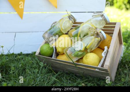 Limonade rafraîchissante à la menthe et aux fruits frais dans une caisse en bois sur herbe verte en extérieur Banque D'Images