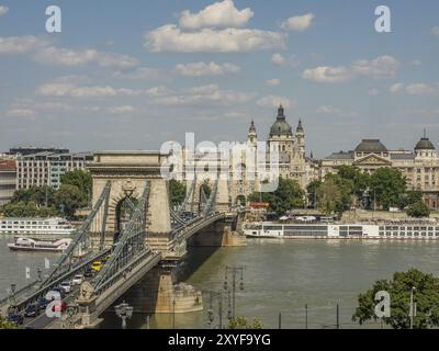 Pont historique enjambant une rivière, derrière elle de magnifiques bâtiments sous un ciel légèrement nuageux, budapest, danube, hongrie Banque D'Images