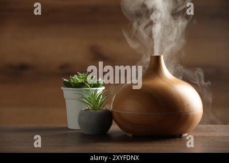 Diffuseur d'huile d'arôme et plantes d'intérieur sur table en bois Banque D'Images