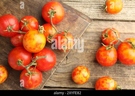 Tomates mûres fraîches sur une table en bois, étalées à plat Banque D'Images