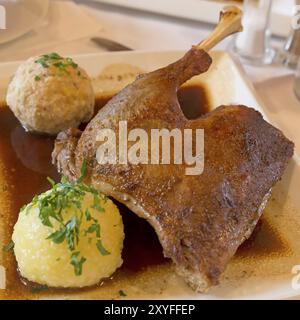 Portion d'oie sur une assiette avec des boulettes Banque D'Images