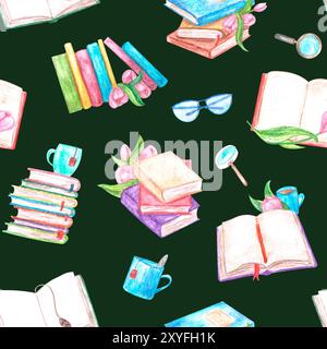 Livres piles et ouvrir, fleurs tulipes, tasses de thé, café, verres et loupe. Motif sans couture d'illustration d'aquarelle sur le dos vert foncé Banque D'Images