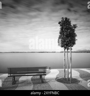 Promenade du rivage sur le lac de Garde, Italie, avec des arbres et un banc, Europe Banque D'Images