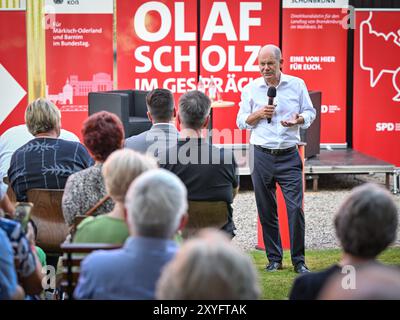 Seelow, Allemagne. 29 août 2024. Le Chancelier fédéral Olaf Scholz, qui voyage en tant que membre du SPD au Bundestag dans la circonscription de Potsdam, participera à une discussion publique dans la soirée dans le cadre de sa tournée estivale. Crédit : Patrick Pleul/dpa/Alamy Live News Banque D'Images