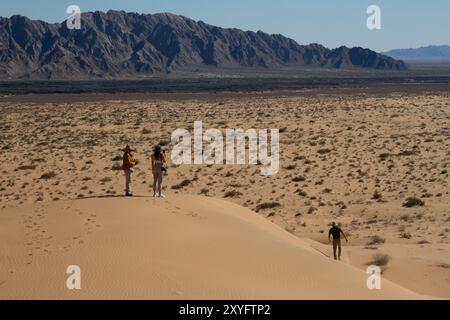 Un gouffre de trois personnes au sommet d'une colline dans le désert. Paysage désertique. Gran Desierto de Altar, Sonora, Mexique. Banque D'Images