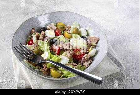 Salade de thon en conserve, salade de légumes avec œufs de caille, laitue, oignon rouge, tomates cerises, olives, keto nourriture, nourriture saine, fait maison, pas de gens Banque D'Images