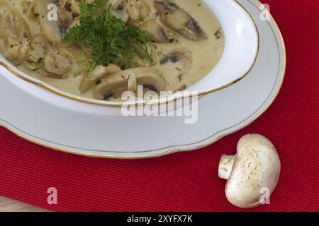 Saucière avec ragoût de champignons, champignons et oignon dans une sauce à la crème Banque D'Images