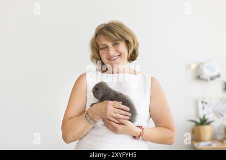 Petit Chat gris assis dans mature woman mains Banque D'Images