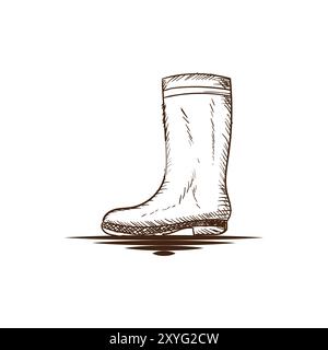 Chaussure de botte en caoutchouc rétro dessinée à la main vintage pour la ferme de jardinage ou la conception d'icône d'équipement d'urgence Illustration de Vecteur