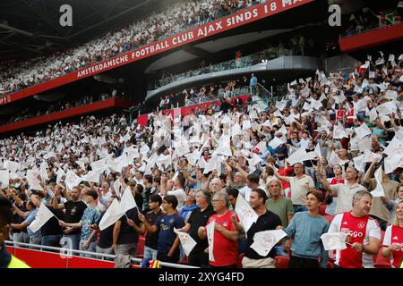 Amsterdam, pays-Bas. 29 août 2024. AMSTERDAM, 29-08-2024, JohanCruyff Arena, Europa League Play offs, saison 2024/2025, Ajax- Jagiellonia Bialystok. Ajax supporters Credit : Pro Shots/Alamy Live News Banque D'Images