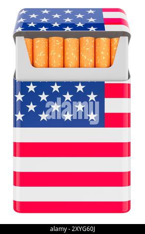 Paquet de cigarettes avec le drapeau USA. Rendu 3D isolé sur fond blanc Banque D'Images