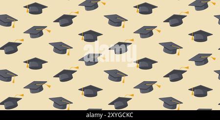 Motif avec des casquettes graduées sur un fond beige. Modèle sans couture avec des casquettes de graduation noires et grises avec des pompons jaunes. Pour papier peint de graduation, Illustration de Vecteur