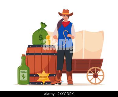Composition des icônes Wild West. Éléments occidentaux et cow-boy. Symboles Texas. Vecteur Illustration de Vecteur