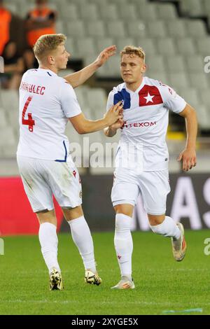 Bruges, Belgique. 29 août 2024. Wisla's Patryk Gogol célèbre après avoir marqué lors d'un match de football entre le cercle belge Brugge KSV et le Polonais Wisla Krakow, jeudi 29 août 2024 à Bruges, le retour des play-offs pour la compétition de l'UEFA Conference League. Cercle a remporté la première étape 1-6. BELGA PHOTO KURT DESPLENTER crédit : Belga News Agency/Alamy Live News Banque D'Images