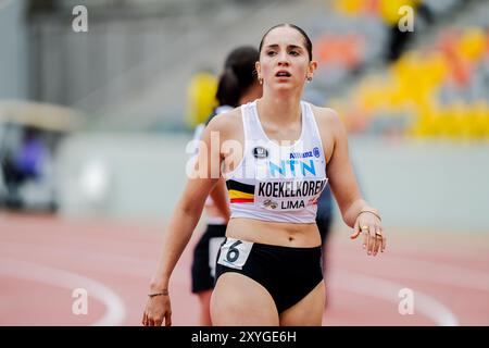 Lima, Pérou. 29 août 2024. Le belge Noor Koekelkoren réagit après le 100m haies féminin, lors des Championnats du monde d'athlétisme U20, jeudi 29 août 2024, à Lima, au Pérou. Les championnats du monde se déroulent du 27 au 31 août. BELGA PHOTO SONYA MALETER crédit : Belga News Agency/Alamy Live News Banque D'Images