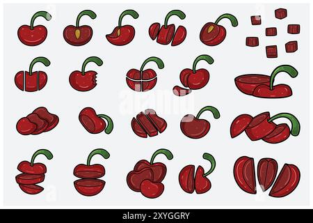 Ensemble de dessins animés de fruits de cerise avec tranche, moitié, coupe et pose différente. Éléments de conception pour toile de fond, motif, papier peint, étiquette, saveur, souche et pa Illustration de Vecteur