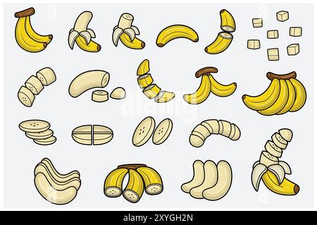 Ensemble de dessins animés de fruits de banane avec tranche, moitié, coupe et pose différente. Éléments de conception pour toile de fond, motif, papier peint, étiquette, saveur, souche et pa Illustration de Vecteur