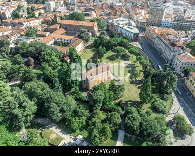 Aerial view of the Scrovegni chapel in Padova Italy lined with renowned early-14th century frescoes by Giotto, Cappella Sanguinacci and Roman Arena Stock Photo