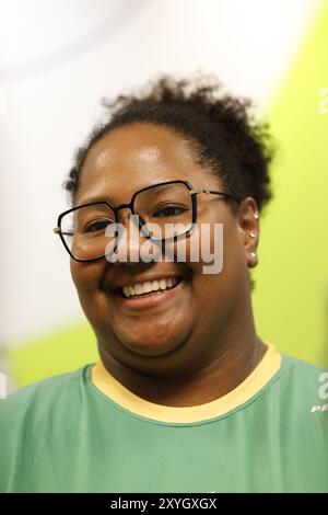 Portrait de Beatriz Souza, athlète brésilienne de judo, médaillée d'or aux Jeux Olympiques de Paris 2024. Portrait médaillé des Jeux Olympiques de BIA Souza. Banque D'Images