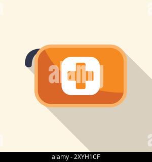 Trousse de premiers soins orange fermée, sur un fond blanc avec une longue ombre Illustration de Vecteur