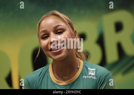 Portrait de Flavia Saraiva athlète brésilienne de gymnastique artistique, médaillée de bronze aux Jeux Olympiques de Paris 2024, Jeux Olympiques d'été Banque D'Images