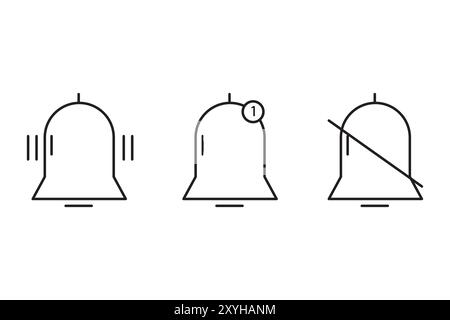 Icônes de sonnette de notification. Un symbole de notification. Variante de cloche muette. Trois icônes de contour. Illustration de Vecteur