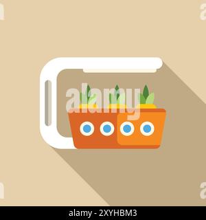 Équipement de jardinage à la maison faisant pousser des plantes sous la lumière LED, illustration vectorielle plate avec une longue ombre Illustration de Vecteur