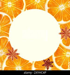 Anis étoilé, cadre rond aquarelle tranche orange isolé sur blanc. Art réaliste dessiné à la main de haute qualité avec texture détaillée. Parfait pour culinaire Banque D'Images