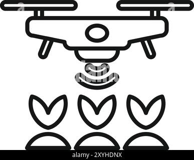 Cette icône représente l'utilisation de drones pour l'agriculture de précision, montrant un drone scannant les cultures avec un signal Illustration de Vecteur