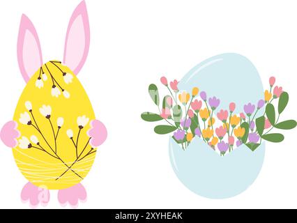 Lapin de Pâques derrière oeuf décoratif et bouquet floral en coquille d'oeuf craquelé ensemble de 2 idées de conception isolées. Cartes, affiches, bannières, brochures, étiquette de prix, étiquette, autocollant, promo ou illustration vectorielle Web Illustration de Vecteur