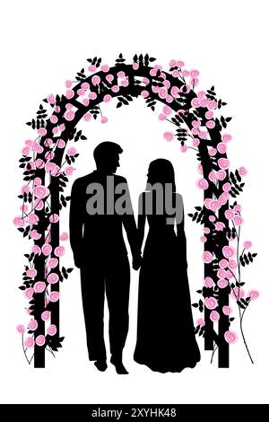 Mariage couple marié et mariée sous une arche de rose, carte d'invitation Illustration de Vecteur