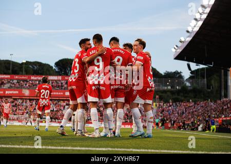 Gérone, Espagne. 29 août 2024. Joueurs de Girona vus célébrer un but lors du match LaLiga EA SPORT entre les équipes de Girona FC et CA Osasuna à Estadi Montilivi Girona FC vs CA Osasuna, score final 4:0 (photo de Maciej Rogowski/SOPA images/Sipa USA) crédit : Sipa USA/Alamy Live News Banque D'Images