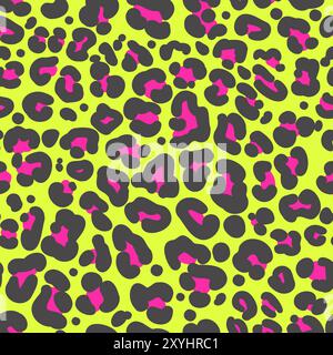Imprimé léopard sans coutures. Motif peau de guépard fluo 80 90s. Taches noires et roses sur fond jaune vif. Vecteur Illustration de Vecteur