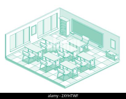 Classe d'école vide isométrique. Style de contour avec des lignes vertes. Illustration vectorielle. Chambre avec tables et chaises de bureau. Espace de travail avec fenêtres. Illustration de Vecteur