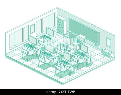 Classe informatique vide isométrique à l'école. Style de contour avec des lignes vertes. Illustration vectorielle. Salle avec tables de bureau, chaises, moniteurs et keyboar Illustration de Vecteur