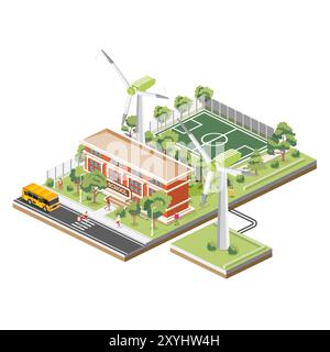 Bâtiment d'école ou d'université avec stade de sport sur la cour d'école. Éoliennes. Énergie propre. Illustration vectorielle. Scène isométrique. Autobus scolaire. Illustration de Vecteur