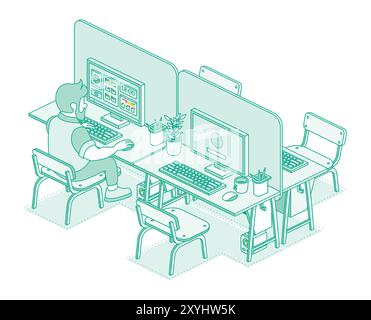 Bureau isométrique à espace ouvert isolé sur fond blanc. Illustration vectorielle. Contour, style linéaire. Homme travaillant sur ordinateur dans un bureau moderne. Illustration de Vecteur