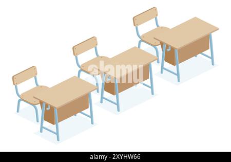 Trois tables et chaises isométriques de bureau d'école. Illustration vectorielle. Objets isolés sur fond blanc. Salle de classe. Illustration de Vecteur