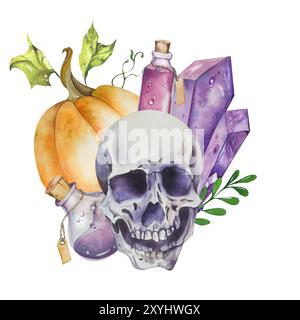 Collection thème Halloween. Composition d'aquarelle. Crâne, citrouille, bouteille avec potion, cristal magique. En tons lilas. Pour les forfaits vacances, carte postale Banque D'Images