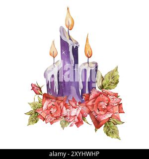 Collection thème Halloween. Composition d'aquarelle. Bougies brûlantes violettes avec des roses brillantes. En tons lilas. Pour les emballages de vacances, cartes postales, Invita Banque D'Images