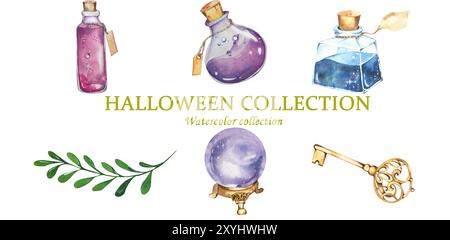 Collection thème Halloween. Composition d'aquarelle. Bouteilles de potion, cristal magique, clé. Accessoires pour sorcières. Pour les forfaits vacances, cartes postales, Invitatio Banque D'Images