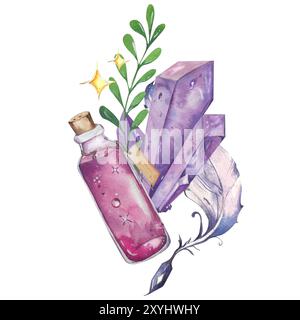 Collection thème Halloween. Composition d'aquarelle. Bouteille de potion, plume, cristal magique. Accessoires pour sorcières. Pour les emballages de vacances, cartes postales, Invita Banque D'Images