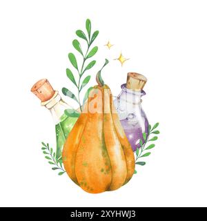 Collection thème Halloween. Composition d'aquarelle. Citrouille, bouteille de potion, feuilles, brindilles. Accessoires pour sorcières. Pour les emballages de vacances, cartes postales, Invita Banque D'Images