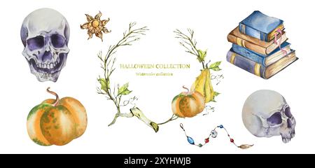 Collection thème Halloween. Composition d'aquarelle. Crâne, citrouille, couronne, livres, amulettes, . En tons lilas. Pour les emballages de vacances, cartes postales, Invita Banque D'Images