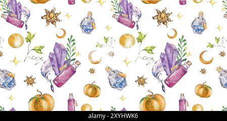 Collection thème Halloween. Composition d'aquarelle. Bouteille de potion, plume, cristal magique. Motif sans couture. Pour les forfaits vacances, cartes postales, Invitat Banque D'Images