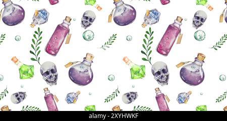 Collection thème Halloween. Composition d'aquarelle. Motif sans couture. Bouteille différente avec potion, crâne. En tons lilas. Pour les forfaits vacances, postez Banque D'Images